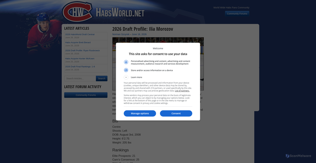 Security scan screenshot of https://www.habsworld.net/2026/06/2026-draft-profile-ilia-morozov/