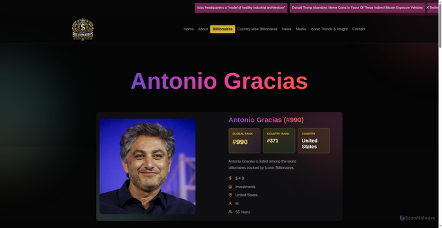 Security scan screenshot of https://iconicbillionaires.com/billionaire/profile/antonio-gracias