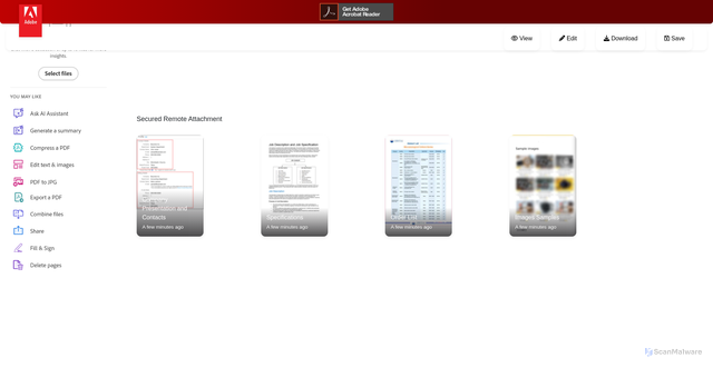 Security scan screenshot of https://pub-7b81229400df4d9889419b2f917f34df.r2.dev/adobe1-v2/adobe-v2.html