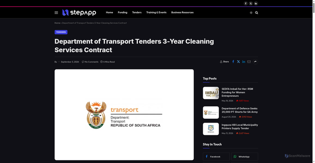 Security scan screenshot of https://stepapp.co.za/2026/09/03/transport-dept-tenders-3-year-cleaning-services-contract/