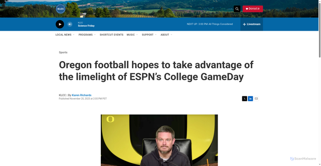 Security scan screenshot of https://www.klcc.org/sports/2025-11-20/oregon-football-hopes-to-take-advantage-of-the-limelight-of-espns-college-gameday