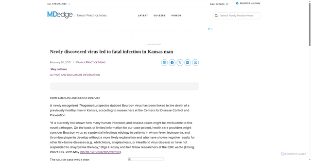 Security scan screenshot of https://mdedge.com/familypracticenews/article/97322/infectious-diseases/newly-discovered-virus-led-fatal-infection