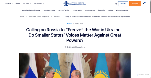 Security scan screenshot of https://www.internationalaffairs.org.au/australianoutlook/calling-on-russia-to-freeze-the-war-in-ukraine-do-smaller-states-voices-matter-against-great-powers/