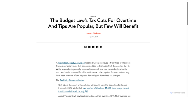 Security scan screenshot of https://taxpolicycenter.org/taxvox/budget-laws-tax-cuts-overtime-and-tips-are-popular-few-will-benefit