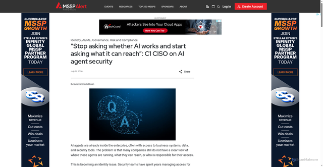 Security scan screenshot of https://www.msspalert.com/news/stop-asking-whether-ai-works-and-start-asking-what-it-can-reach-c1-ciso-on-ai-agent-security