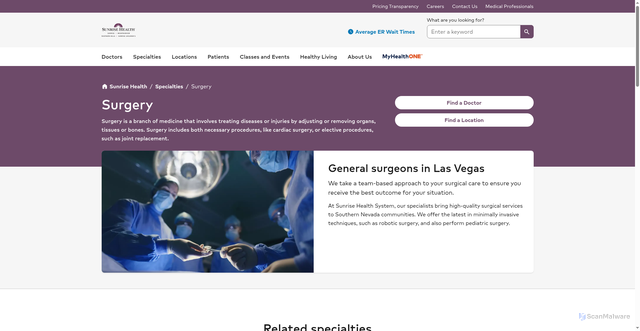 Security scan screenshot of https://www.sunrisehealthinfo.com/specialties/surgery