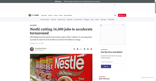 Security scan screenshot of https://www.fooddive.com/news/nestle-cutting-16000-jobs-to-quicken-turnaround-as-cpg-giant/802941/