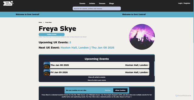 Security scan screenshot of https://evntcentral.com/artists/freya-skye