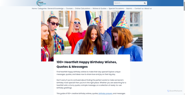 Security scan screenshot of https://brainboaster.com/happy-birthday-wishes/