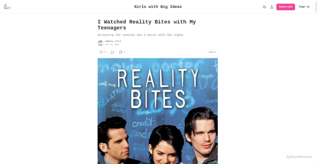 Security scan screenshot of https://girlswithbigideas.substack.com/p/i-watched-reality-bites-with-my-teenagers