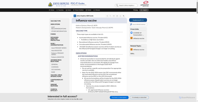Security scan screenshot of https://www.hopkinsguides.com/hopkins/view/Johns_Hopkins_ABX_Guide/540287/all/Influenza_vaccine