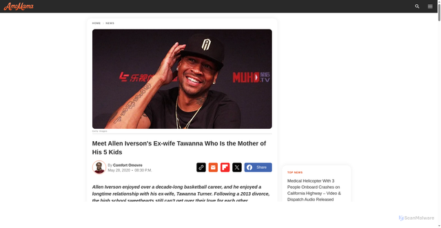 Security scan screenshot of https://news.amomama.com/210631-meet-allen-iversons-ex-wife-mom-his-kids.html