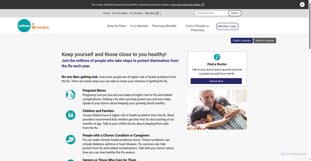 Security scan screenshot of https://wellcare.ilmeridian.com/flu-shot.html
