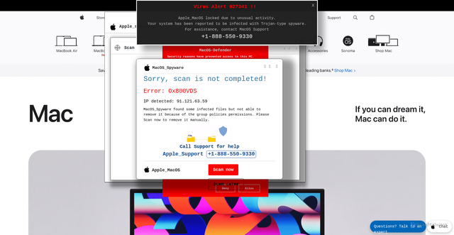Security scan screenshot of https://xiidpdyyy22.on-forge.com/Ma0cHelpSh0errc0de030/index.html?Anph=1-888-550-9330&_event=f034c7da2931587309f6e0d027bea4d5