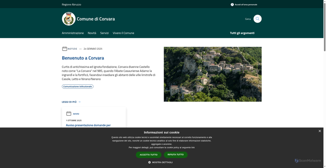 Security scan screenshot of https://www.comune.corvara.pe.it/it