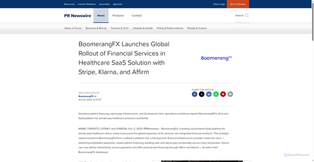 Security scan screenshot of https://www.prnewswire.com/news-releases/boomerangfx-launches-global-rollout-of-financial-services-in-healthcare-saas-solution-with-stripe-klarna-and-affirm-302573986.html