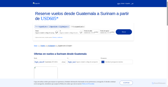 Security scan screenshot of https://www.copaair.com/es/vuelos-desde-ciudad-de-guatemala-a-surinam
