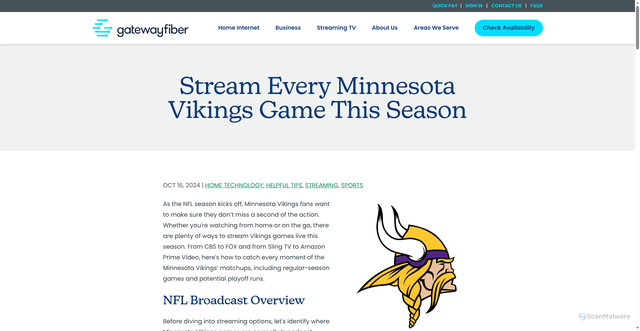 Security scan screenshot of https://www.gatewayfiber.com/blog/how-to-stream-minnesota-vikings-games