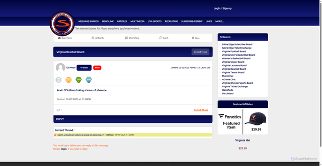 Security scan screenshot of https://virginia.sportswar.com/message_board/baseball/68f962153369680013e88197