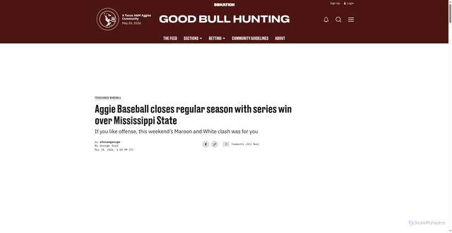 Security scan screenshot of https://www.goodbullhunting.com/texas-aggie-baseball/40201/aggie-baseball-closes-regular-season-with-series-win-over-mississippi-state