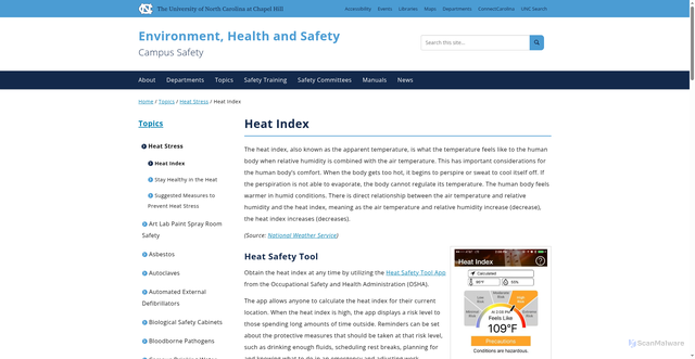 Security scan screenshot of https://ehs.unc.edu/topics/heat-stress/heat-index/