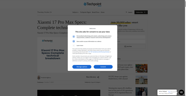 Security scan screenshot of https://techpoint.africa/guide/xiaomi-17-pro-max-specs/