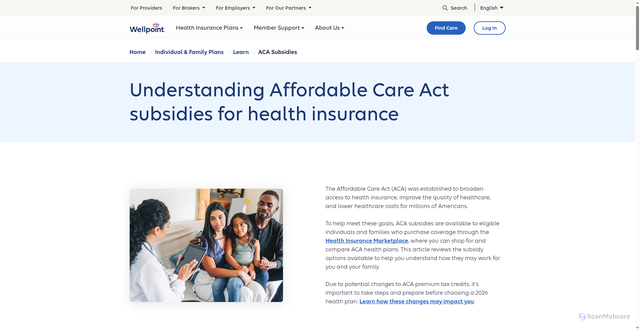 Security scan screenshot of https://www.wellpoint.com/individual-family/learn/aca-subsidies
