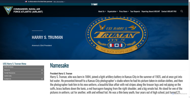 Security scan screenshot of https://www.airlant.usff.navy.mil/Organization/Aircraft-Carriers/USS-Harry-S-Truman-CVN-75/Namesake-Harry-S-Truman/