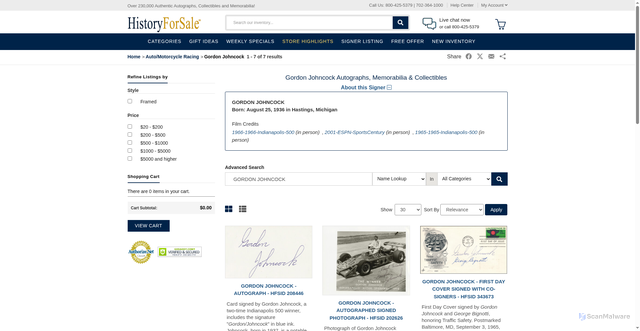 Security scan screenshot of https://www.historyforsale.com/signer-memorabilia/gordon-johncock/13100