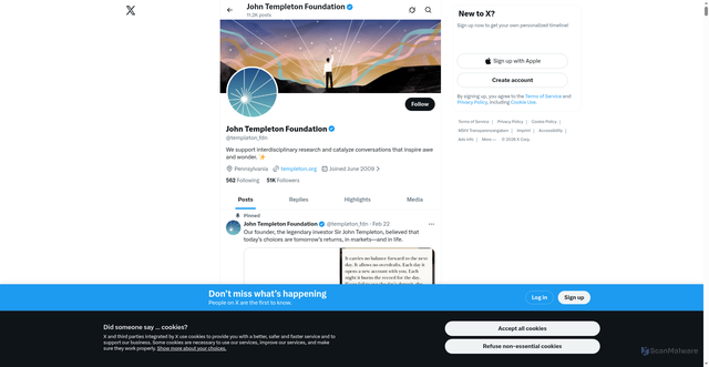 Security scan screenshot of https://x.com/templeton_fdn?utm_source=Receive+News+from+the+John+Templeton+Foundation&utm_campaign=861d5d9804-EMAIL_CAMPAIGN_2026_templetonideas_20260325&utm_medium=email&utm_term=0_-42837b4b08-97355777