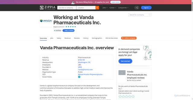 Security scan screenshot of https://www.zippia.com/vanda-pharmaceuticals-careers-12304/