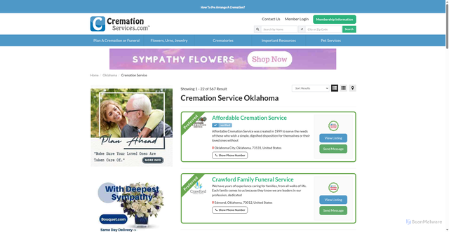 Security scan screenshot of https://www.cremationservices.com/oklahoma/funeral-homes/