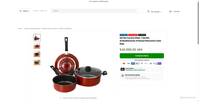 Security scan screenshot of https://aureahogar.shop/products/set-de-cocina-ollas-sarten-antiadherente-4-piezas-piamonte-color-rojo