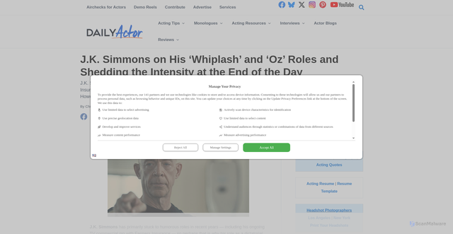 Security scan screenshot of https://www.dailyactor.com/news/j-k-simmons-whiplash-oz-roles/