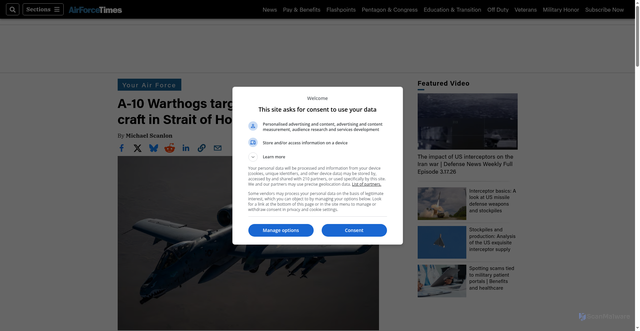 Security scan screenshot of https://www.airforcetimes.com/news/your-air-force/2026/03/19/a-10-warthogs-target-iranian-fast-attack-craft-in-strait-of-hormuz/