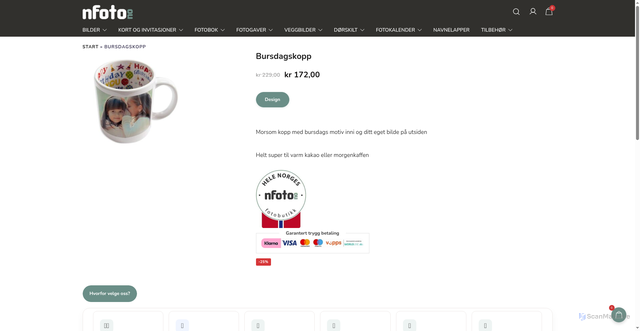 Security scan screenshot of https://nfoto.no/produkter/bursdagskopp/?utm_source=nfoto.no&utm_campaign=51d0004646-EMAIL_CAMPAIGN_2026_07_13_08_33&utm_medium=email&utm_term=0_-51d0004646-4832893&mc_cid=51d0004646&mc_eid=UNIQID