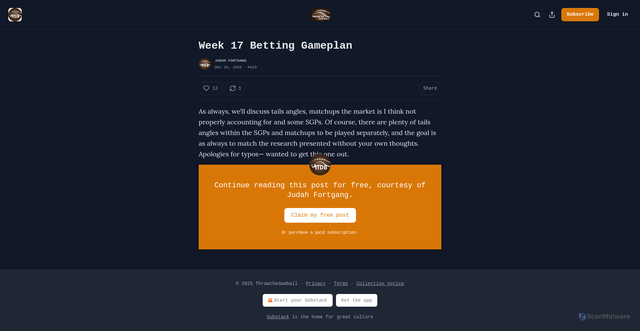 Security scan screenshot of https://www.throwthedamball.com/p/week-17-betting-gameplan-cc9