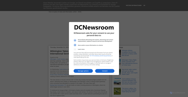 Security scan screenshot of https://dcnewsroom.blogspot.com/2025/12/wilmington-takes-flight-avelo-launches.html?m=0
