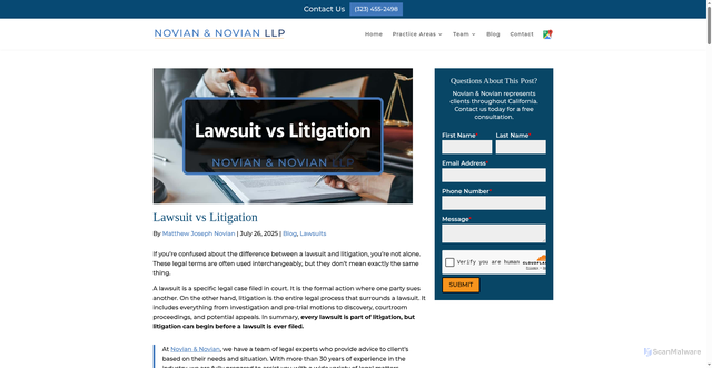 Security scan screenshot of https://www.novianlaw.com/lawsuit-vs-litigation/