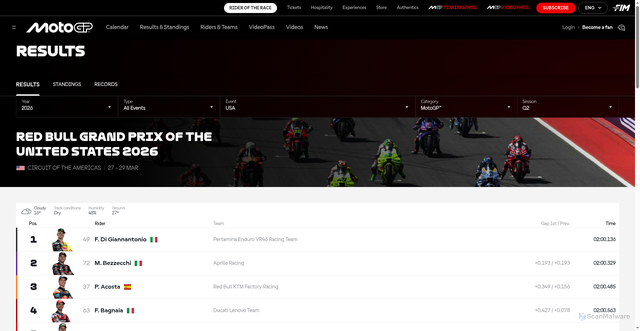 Security scan screenshot of https://www.motogp.com/en/gp-results/2026/usa/motogp/q2/classification