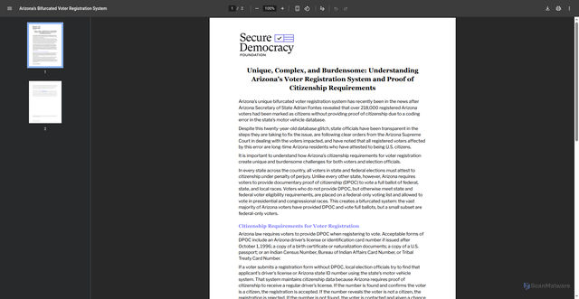 Security scan screenshot of https://securedemocracyfoundation.org/wp-content/uploads/sites/3/2024/10/Arizonas-Bifurcated-Voter-Registration-System.pdf