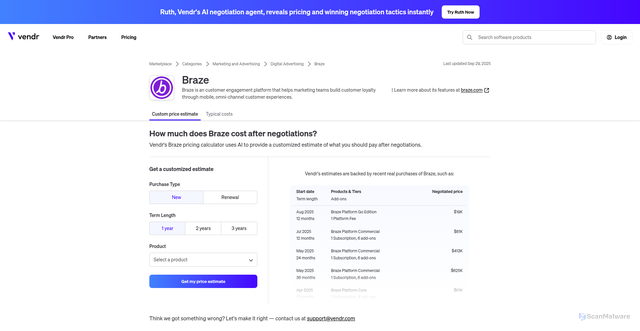 Security scan screenshot of https://www.vendr.com/marketplace/braze
