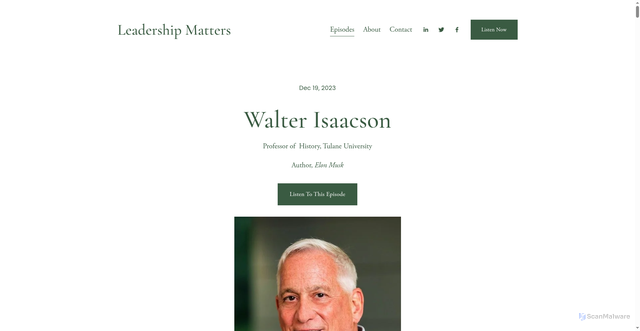 Security scan screenshot of https://www.leadershipmattersshow.com/episodes/walter-isaacson