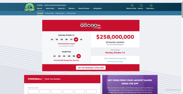 Security scan screenshot of https://www.coloradolottery.com/en/games/powerball/