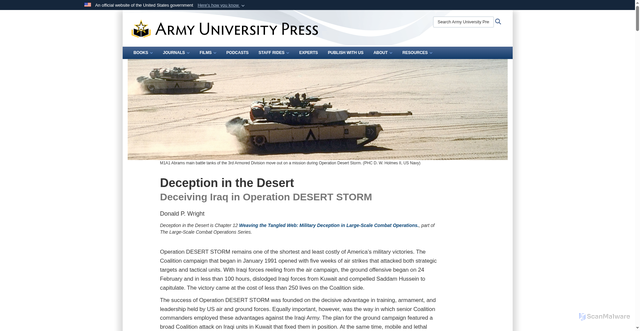 Security scan screenshot of https://www.armyupress.army.mil/Books/Browse-Books/iBooks-and-EPUBs/Deception-in-the-Desert/