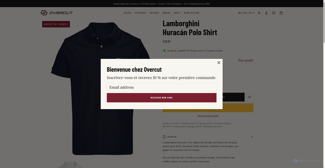 Security scan screenshot of https://overcut.fr/en/products/polo-lamborghini-huracan?variant=58814224564608&srsltid=AU7gw4UoTm0zUZy5_RIUn9NCQKItJfNPLjK3rgCWzi6-odhTVhzHDTEz