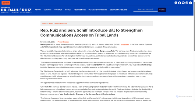 Security scan screenshot of https://ruiz.house.gov/media-center/press-releases/rep-ruiz-and-sen-schiff-introduce-bill-strengthen-communications-access