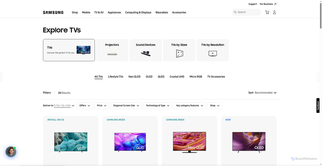 Security scan screenshot of https://www.samsung.com/us/televisions-home-theater/tvs/all-tvs/