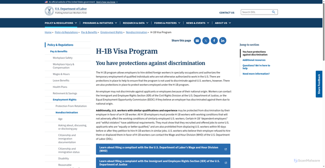 Security scan screenshot of https://beta.dol.gov/policy-regulations/pay-benefits/employment-rights/nondiscrimination/h-1b-visa-program