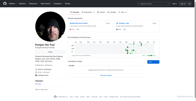 Security scan screenshot of https://github.com/keeganvantuyl-create/